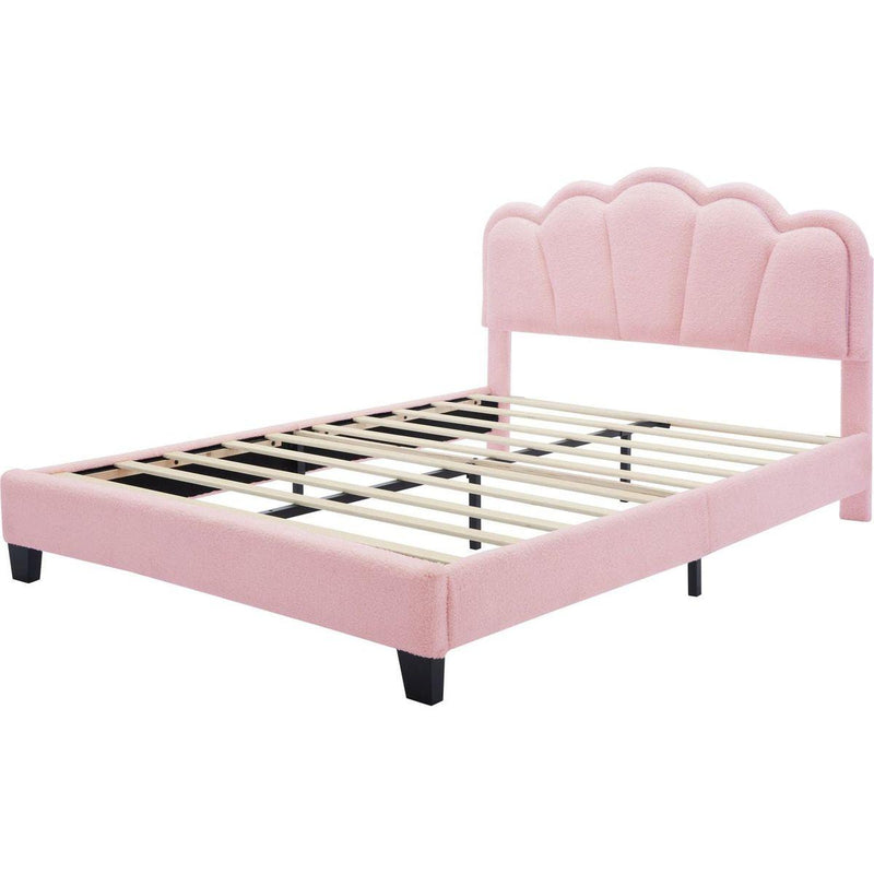 2-Pieces Bedroom Sets Full Size Flower-Shaped Upholstered LED Platform Bed with Storage Ottoman-Sherpa Fabric, Pink