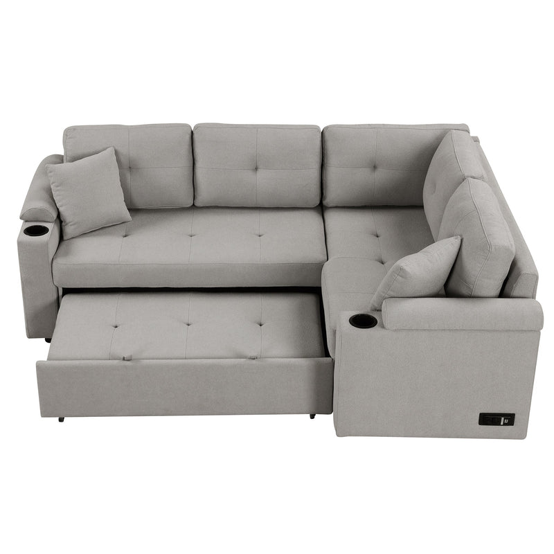 87.4" L-shape Sofa Bed Pull-out Sleeper Sofa with Wheels, USB Ports, Power Sockets for Living Room, Grey