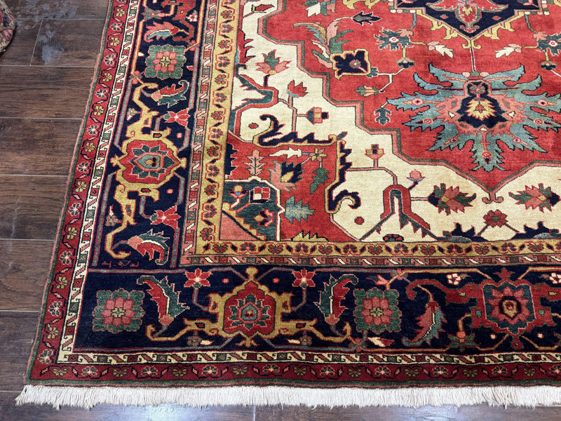 Persian Heriz Serapi Rug 8 x 10.6, Geometric Medallion, Great Colors, Rare, Red Navy Blue Ivory