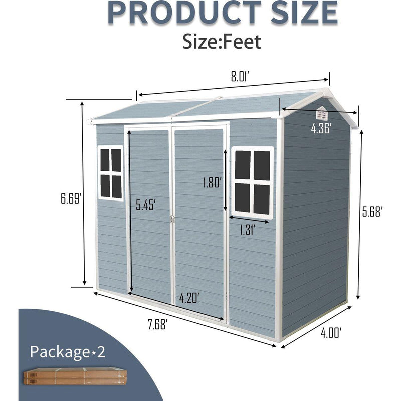 8x4ft Resin Outdoor Storage Shed with Two-Window and Double-Door,Plastic Shed with Floor for Gargen,Patio,Yard,Lawn,Grey