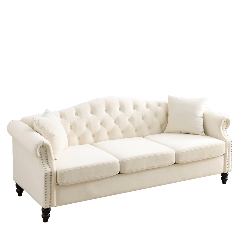 79" Chesterfield Sofa Beige Velvet for Living Room, 3 Seater Sofa Tufted Couch with Rolled Arms and Nailhead for Living Room, Bedroom, Office, Apartment, two pillows