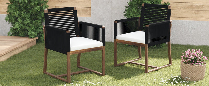 Outdoor Dining Chairs Set of 2, Acacia Wood Patio Armchair with Rope Design Back and Arms and Washable Cushion,for Backyard, Poolside, Garden,Black