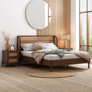 3 Pieces Modern Cannage Rattan Platform Queen Bed + Nightstandx2, Walnut