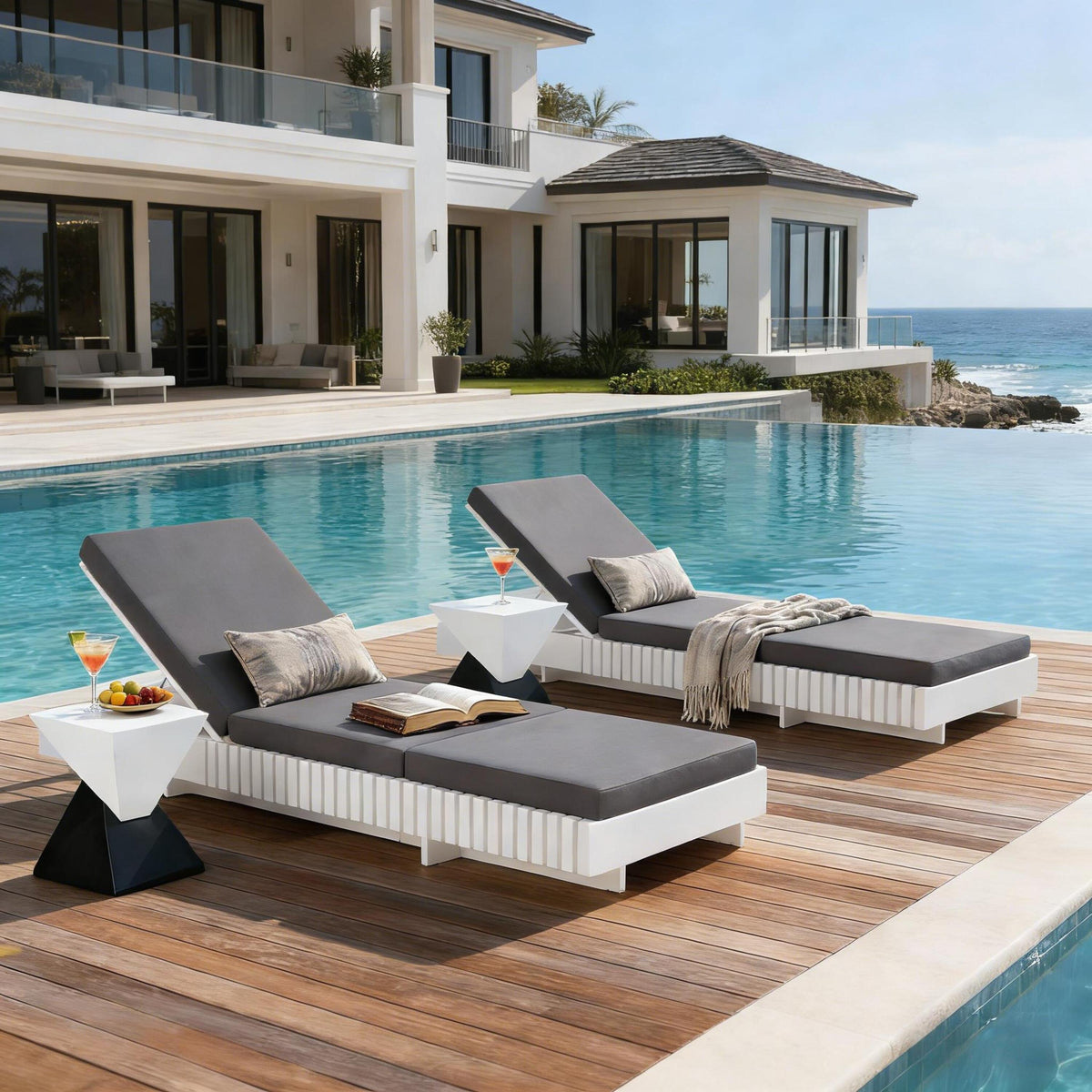 White Acacia Solid Wood Outdoor Chaise Lounge, photo 6 of 10