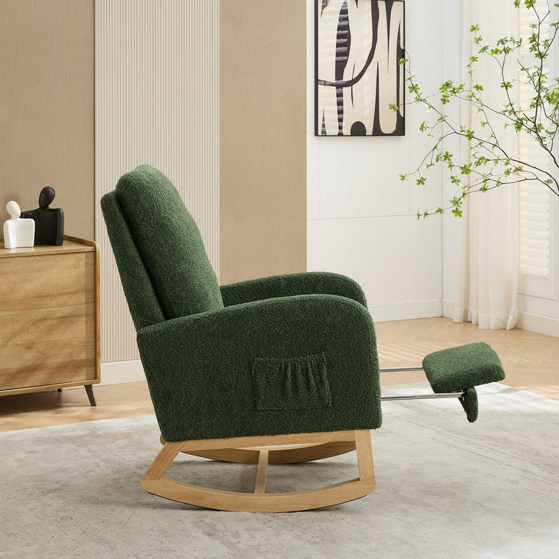 25.4"W Rocking Chair for Nursery, High Back Glider Chair with Retractable Footrest, Side Pocket, Rocking Accent Armchair with Rubber Wood Legs for Living Room/Bedroom.Green