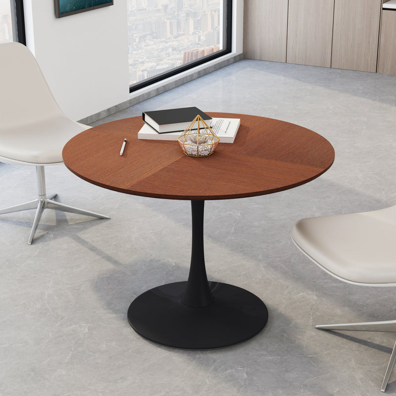 42" Modern Round Dining Table with Printed OAK Color Grain Table Top, Metal Base Dining Table, End Table Leisure Coffee Table
