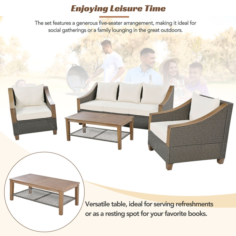 4-Piece Rattan Outdoor Conversation Sofa Set with Wooden Coffee Table and Cushions Seating 5 People for Patio, Garden and Backyard (Grey)