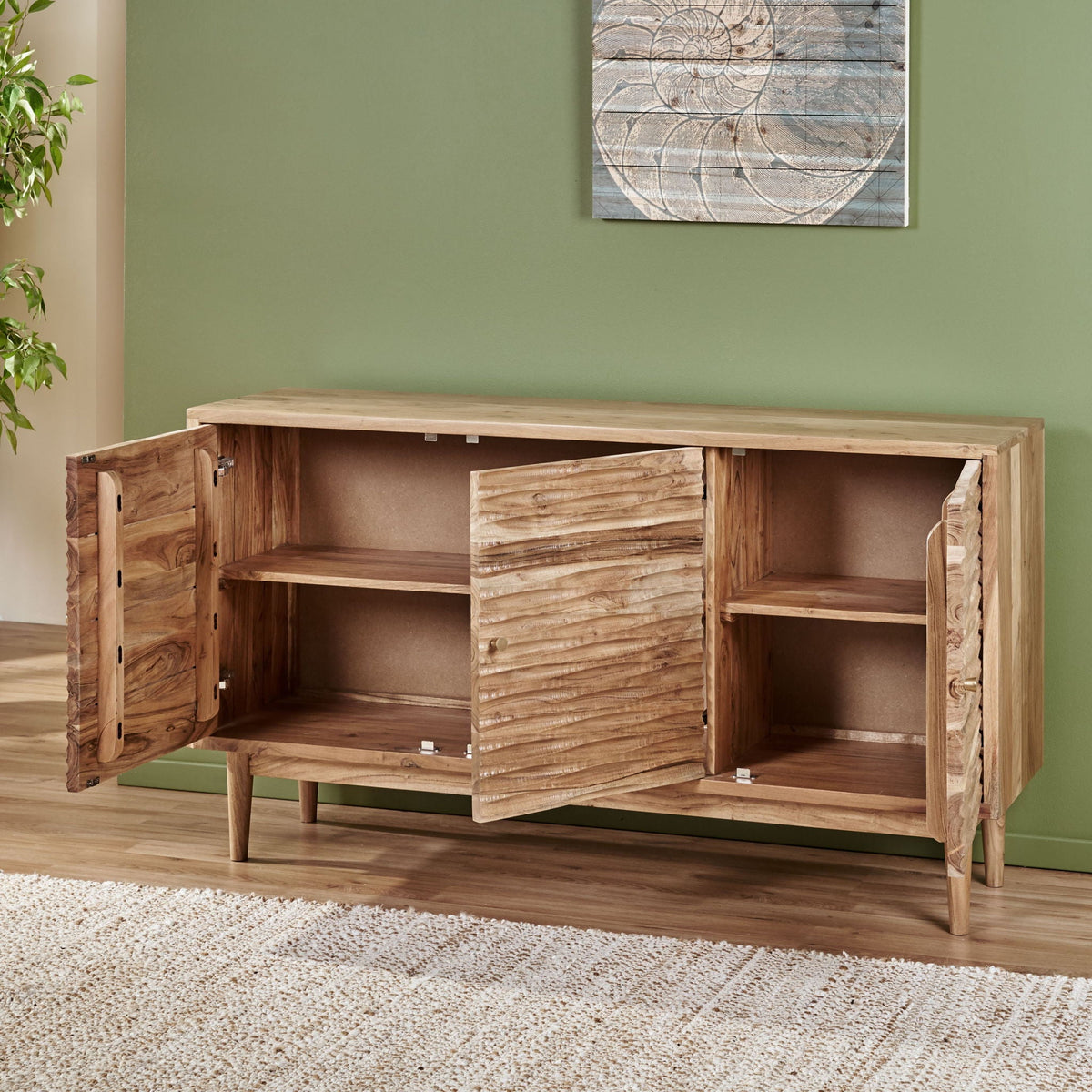 Boho Handcrafted 3 Door Sideboard, Carved Texture & Artisanal Charm - Natural, photo 8 of 15