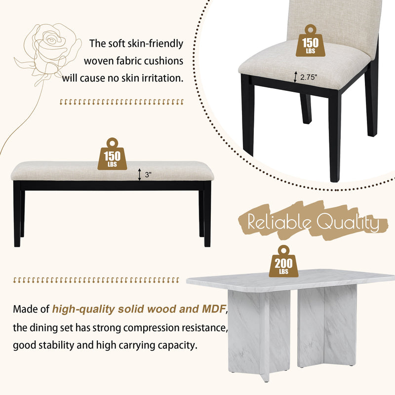 6-Piece Modern Style Dining Set with Faux Marble Table and 4 Upholstered Dining Chairs & 1 Bench (White)