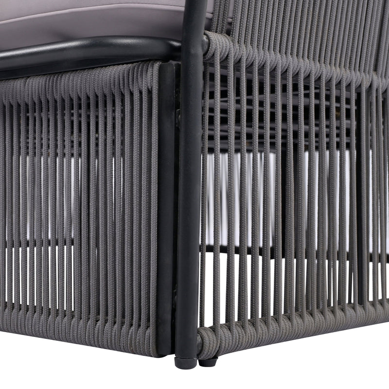 2-Piece Outdoor Sunbed and Coffee Table Set, Patio Double Chaise Lounger Loveseat Daybed with Clear Tempered Glass Table for the patio, poolside (Grey Cushion + Dark Grey Rope)