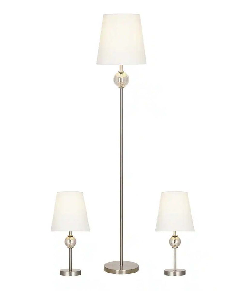 Catalina Modern Classic 3-Piece Floor and Table Lamp Combo Set, Brushed Nickel Metal Finish w/ Glass Font