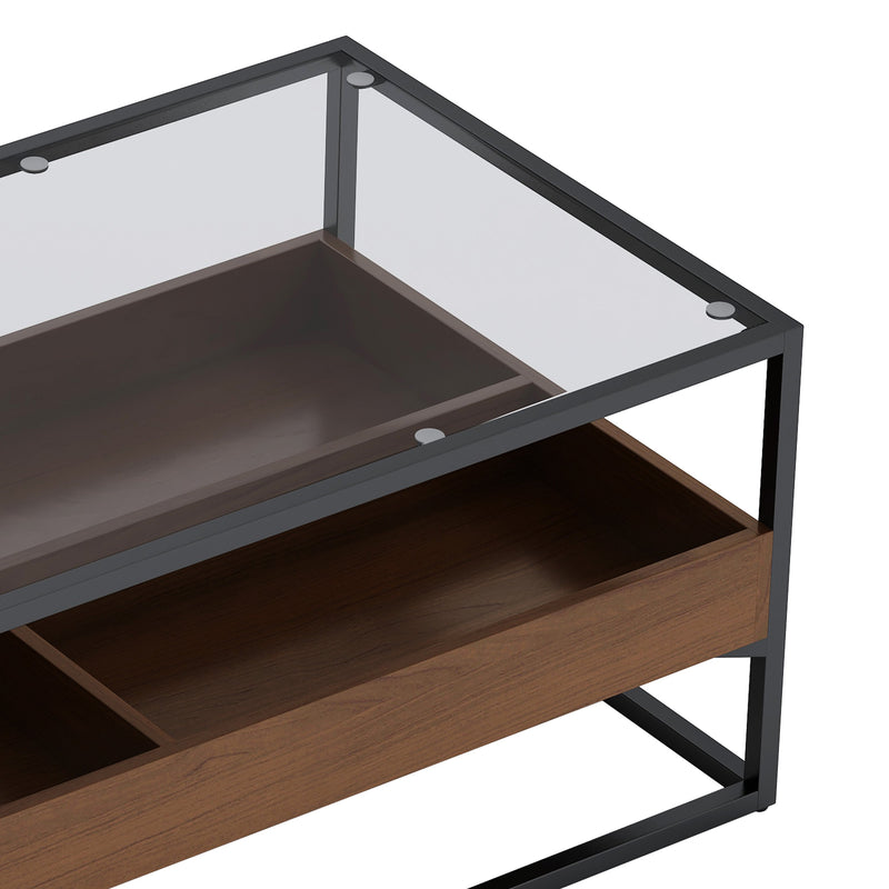 47.24"Rectangle Glass Coffee Table with storage shelf and metal table legs, Home Furniture for Living Room