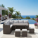 7 Piece All Weather Patio Dining Set With Cushions, Sectional Sofa, Ottomans & Table For Backyard - Gray / Brown