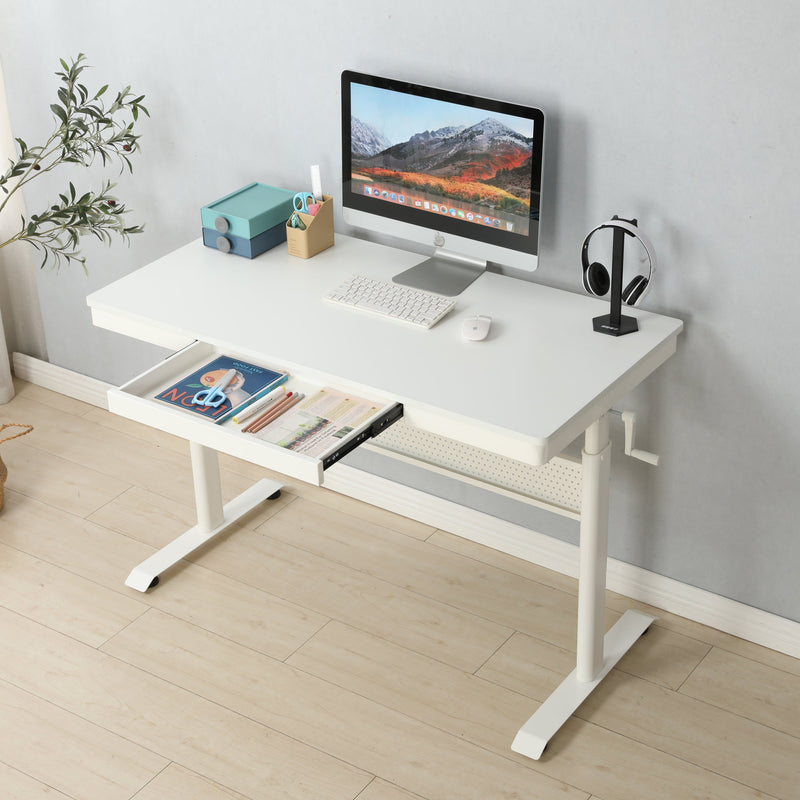 (White Tabletop) 48 x 24 InchesStanding Desk with Metal Drawer, Adjustable Height Stand up Desk, Sit Stand Home Office Desk, Ergonomic Workstation