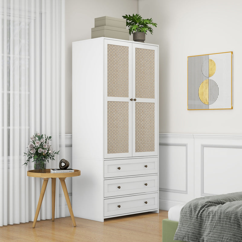 Walker Edison - 2-Door Wardrobe with 3 Drawers High Wardrobe  Armoire With 2 Rattan Door For Living Room, Bedroom Organizer