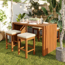 5 Piece Outdoor Bar Set, Patio Acacia Wood Bar Height Table & Four Stools with Cushions, Wood Dining Bar Set for Backyard, Poolside, Balcony, Beige Cushion and Natural Wood by Montret