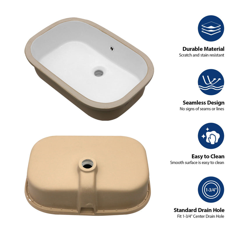Undermount Bathroom Sink 22" X 15.25" With Overflow Sleek, High Temperature Fired, Stain Resistant, Smooth Polished Surface - White, photo 8 of 11