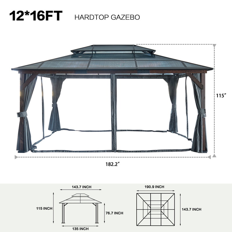12' x 16' Hardtop Cedar Wood Gazebo for Patios, Outdoor Cedar Framed Gazebo with Double Metal Roof, Solid Wooden Framed Gazebo with Privacy Curtains and Mosquito Nettings for Garden, Backyard