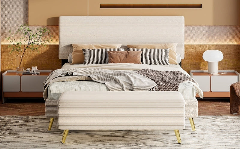2 Pieces Bedroom Sets Queen Size Upholstered Bed Frame, Modern Corduroy Storage Ottoman,Beige