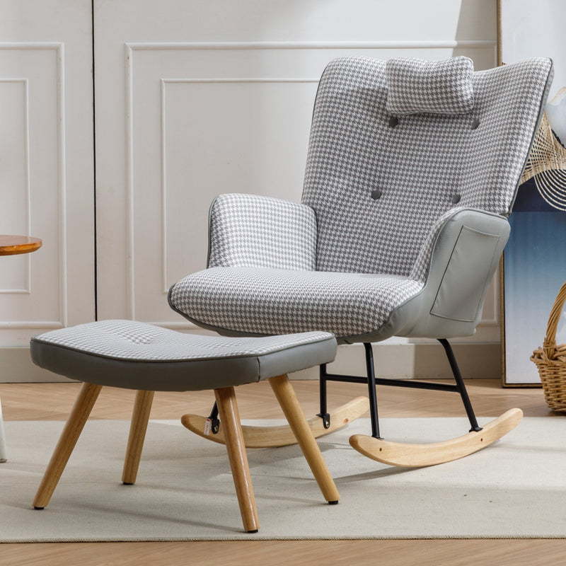35.5 inch Rocking Chair, Soft Houndstooth Fabric Leather Fabric Rocking Chair for Nursery, Comfy Wingback Glider Rocker with Safe Solid Wood Base for Living Room Bedroom Balcony (light grey)