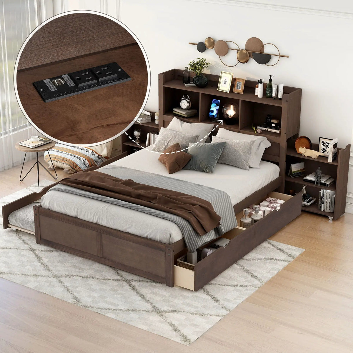 Storage Platform Bed With Pull Out Shelves, Trundle, And 2 Drawers, photo 7 of 14
