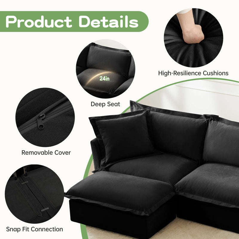 Slipcovered U Shape Sectional Deep Seat Sofa Couch, 3 Seater Sofa with French Edges Design Multiple Big Pillows, Modular Deep Seat Sectional Sofa Comfy Cloud Couch for Living Room, Apartment,Chenille