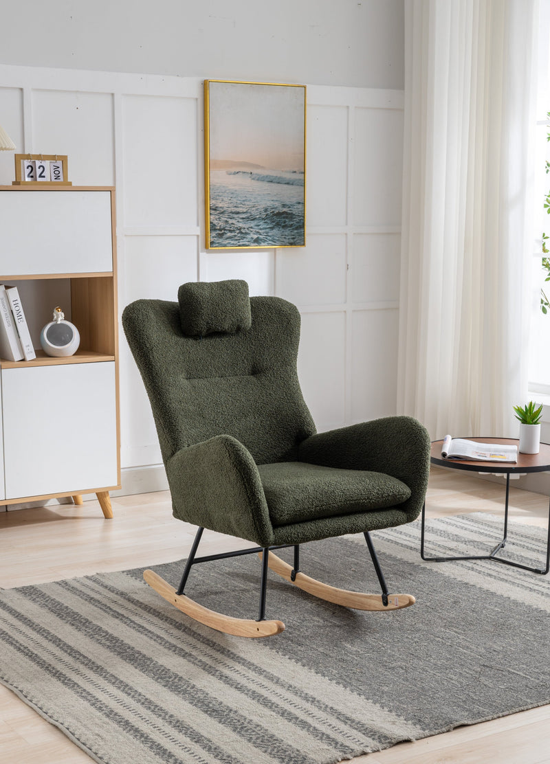 35.5 inch Rocking Chair, Soft Teddy Velvet Fabric Rocking Chair for Nursery, Comfy Wingback Glider Rocker with Safe Solid Wood Base for Living Room Bedroom Balcony (dark green)