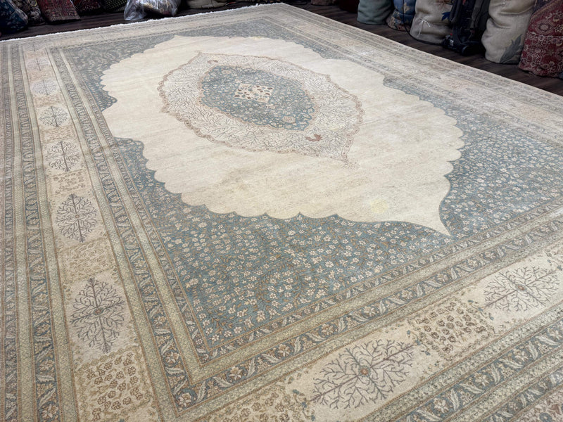 Palace Size Pak Persian Rug 12x18, Haji Jalili Design, Pakistani Carpet, Oat and Light Blue, Fine 260 KPSI