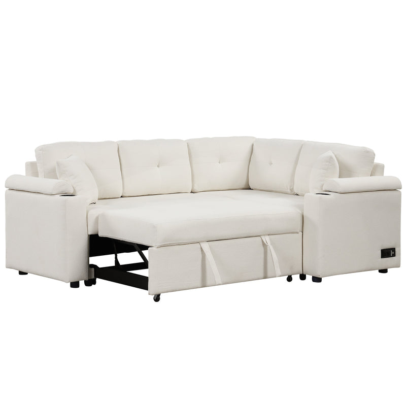 87.4" L-shape Sofa Bed Pull-out Sleeper Sofa with Wheels, USB Ports, Power Sockets for Living Room, Beige