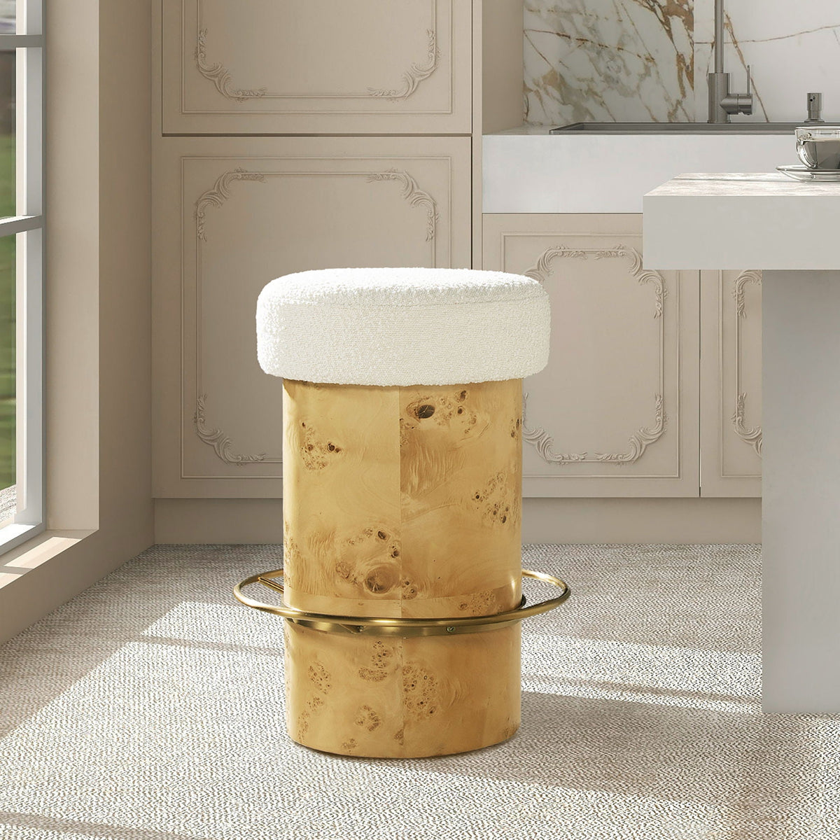 Nebula - Backless Round Upholstered Counter Stool With Burl - Ivory White, photo 2 of 5