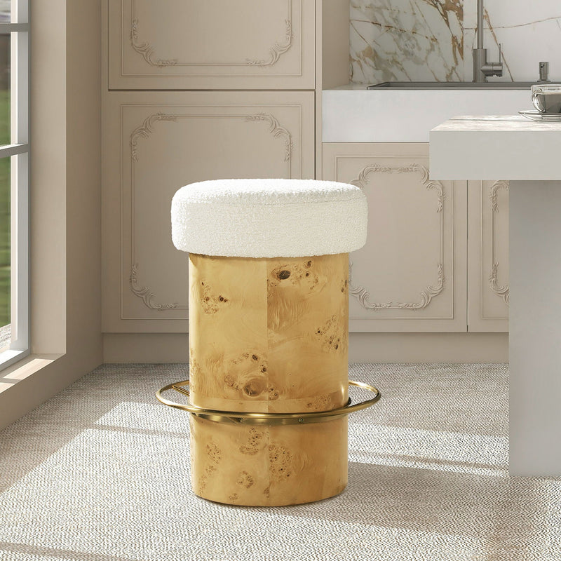Nebula - Backless Round Upholstered Counter Stool With Burl - Ivory White, photo 2 of 5