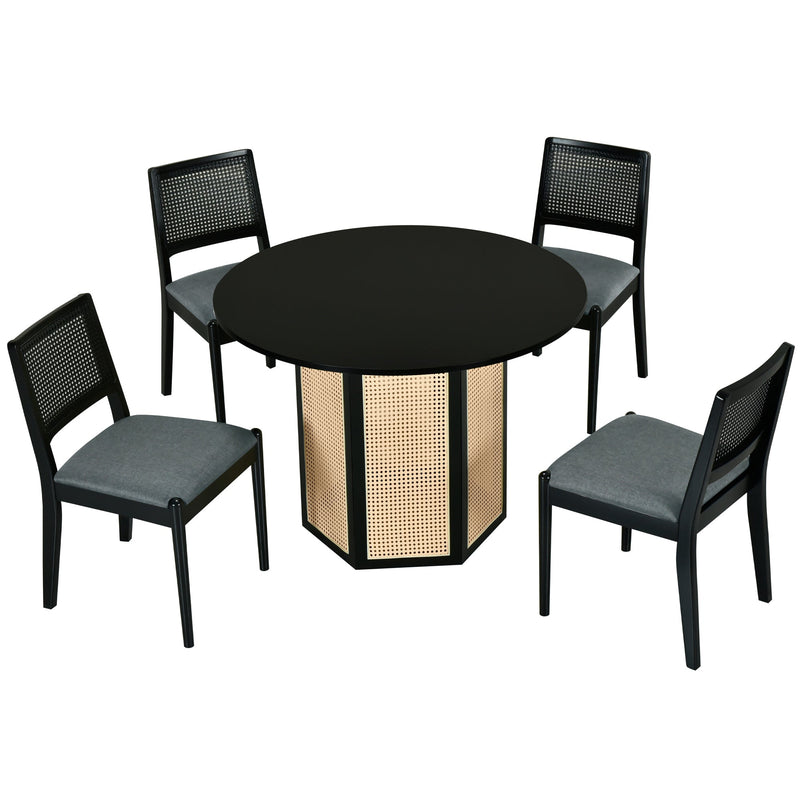 5-Piece Rattan Round Dining Table Set, Wood Table with Hexagonal Base and Upholstered Chairs for Dining Room, Kitchen,Indoor Use, Black+Gray