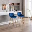 30 inch Set of 2 Bar Stools, with Chrome Footrest Velvet Fabric Counter Stool Golden Leg Simple High Bar Stool, BLUE