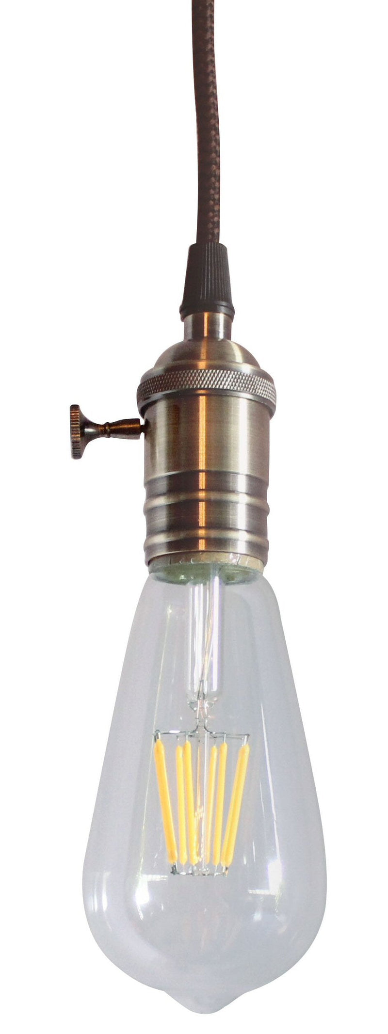 2"W Antique Brass Bare Bulb LED 1 Light Pendant with Retro Switch on Socket by Home Concept