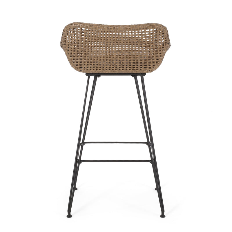 Walker Edison | Outdoor 29.25'' Wicker and Iron Barstool with Cushion (Set of 2)