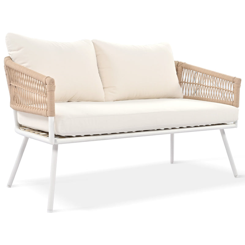 4-Piece Boho Rope Patio Furniture Set, Outdoor Furniture with Acacia Wood Table, Patio Conversation Set with Deep Seating & Thick Cushion for Backyard Porch Balcony, Beige