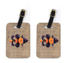 Halloween Pumpkin and Bat Fleur de lis on Faux Burlap Luggage Tag