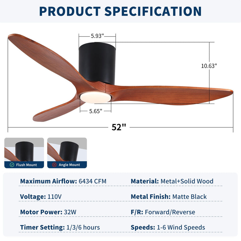 Low Profile Flush Mount Ceiling Fan With Light And Reversible Quiet Motor - Matte Black, photo 7 of 19