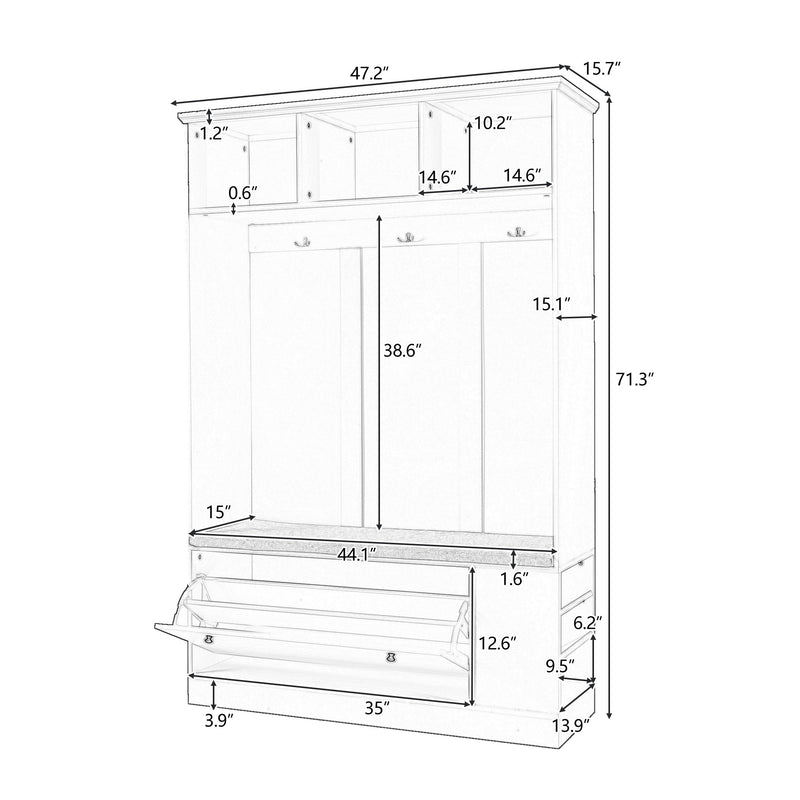 5-in-1 Entryway Bench with Coat Rack, Cushion and 3 Sturdy Hooks, 47.2" Wide Hall Tree with Shoe Storage Bench for Hallway, Entryway, Living Room