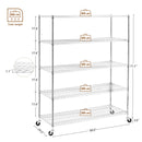 5 tiers of chrome-plated, heavy-duty, adjustable shelving and racking with a 200 lb. weight capacity per wire shelf for warehouses, supermarkets, kitchens, etc. 59.45 "L x 24.02 "W x 71.65 "H