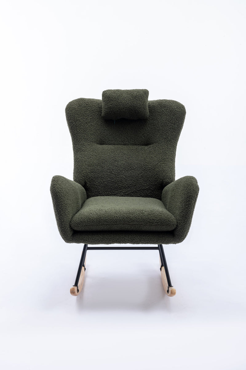35.5 inch Rocking Chair, Soft Teddy Velvet Fabric Rocking Chair for Nursery, Comfy Wingback Glider Rocker with Safe Solid Wood Base for Living Room Bedroom Balcony (dark green)