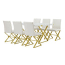 7-Piece Modern Dining Table Set, Rectangular Marble Texture Kitchen Table and 6 PU leather Chairs with X-Shaped Gold Steel Pipe Legs for Dining Room (White)