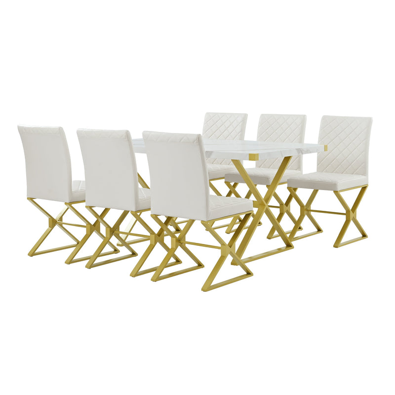 7-Piece Modern Dining Table Set, Rectangular Marble Texture Kitchen Table and 6 PU leather Chairs with X-Shaped Gold Steel Pipe Legs for Dining Room (White)