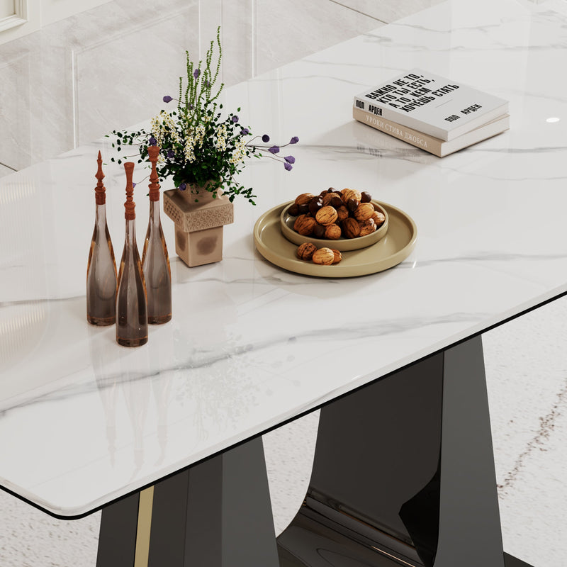 0.47" Thick Sintered Stone Composite Tempered Glass Top Rectangular Dining Table with Black Stainless Steel Base