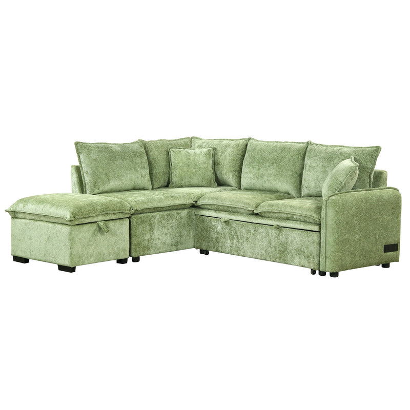82.67"Convertible Sofa Bed Sectional Sofa Sleeper L-shaped Sofa with a Storage Ottoman,Two Pillows, Two Power Sockets and Two USB Ports for Living Room, Green