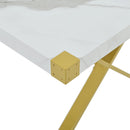 7-Piece Modern Dining Table Set, Rectangular Marble Texture Kitchen Table and 6 PU leather Chairs with X-Shaped Gold Steel Pipe Legs for Dining Room (White)