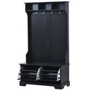 All in One Hall Tree with 3 Top Shelves and 2 Flip Shoe Storage Drawers, Wood Hallway Organizer with Storage Bench and Metal Hanging Hooks, Black