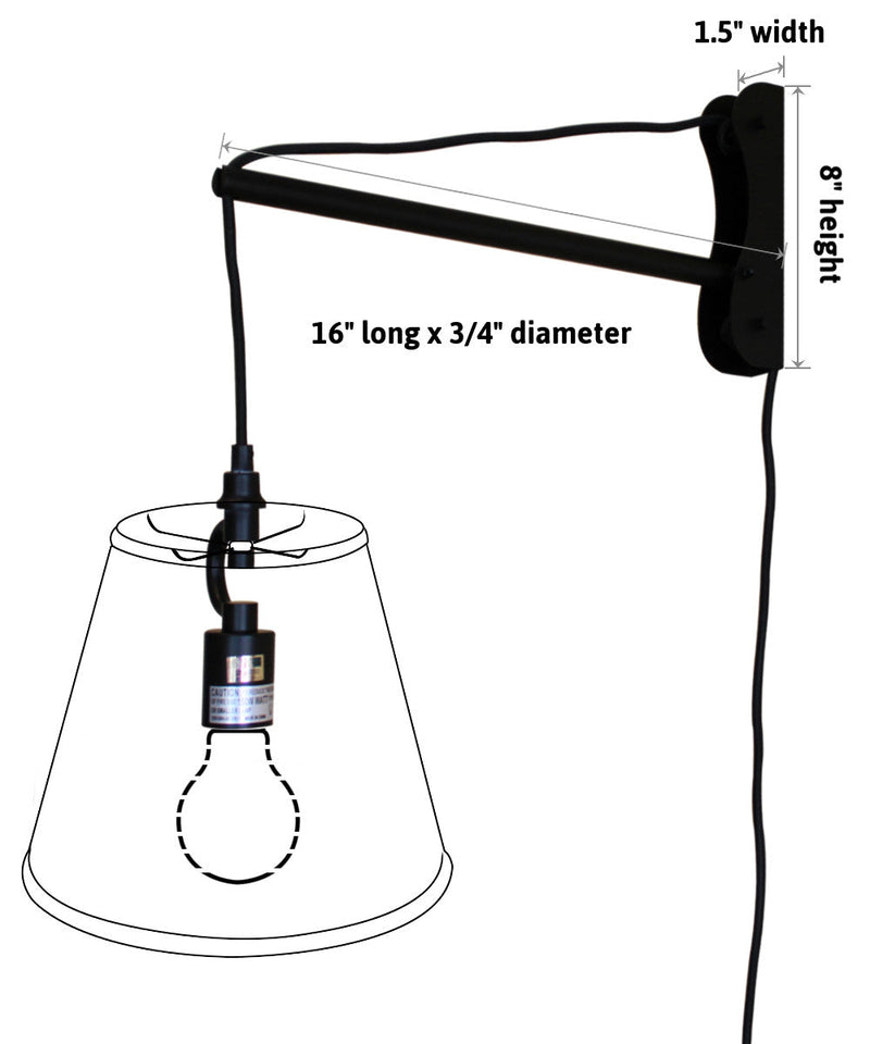 12"W MAST Plug-In Wall Mount Pendant 1 Light Black Cord/Arm Drum White Shade