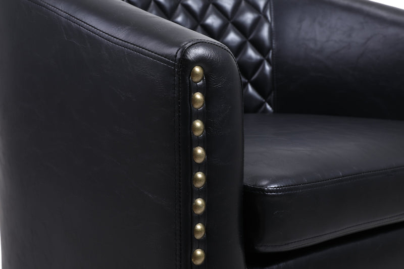 accent Barrel chair living room chair with nailheads and solid wood legs Black pu leather