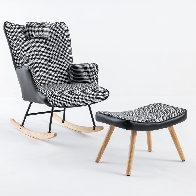 35.5 inch Rocking Chair with Footrest, Soft Houndstooth Fabric Leather Fabric Rocking Chair for Nursery, Comfy Wingback Glider Rocker with Safe Solid Wood Base for Living Room Bedroom Balcony (black)